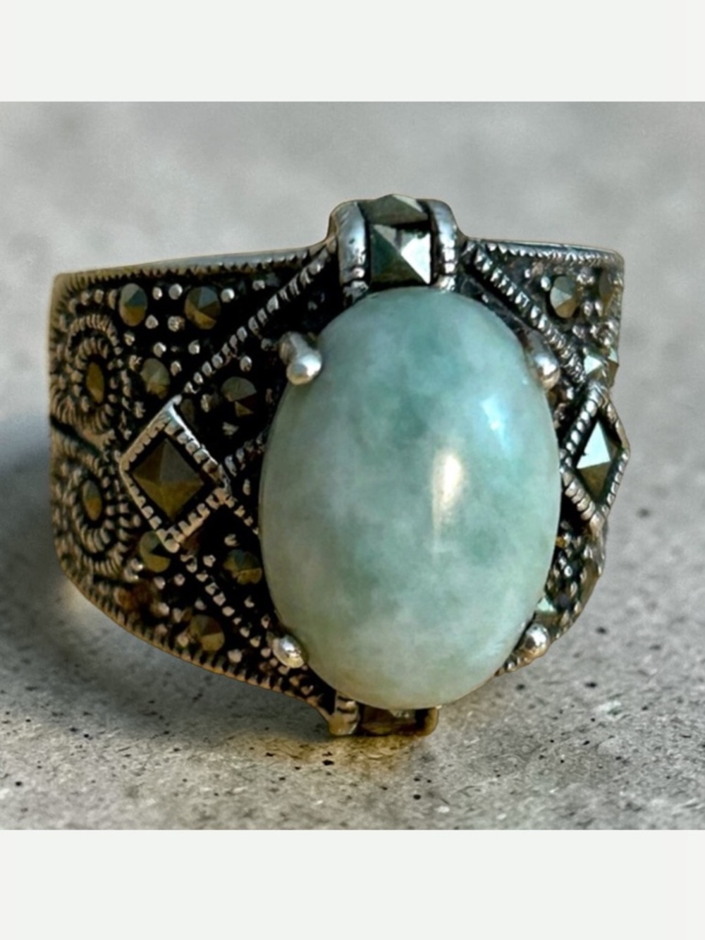 Vintage Jade Sterling Silver Marcasite Chunky Ring